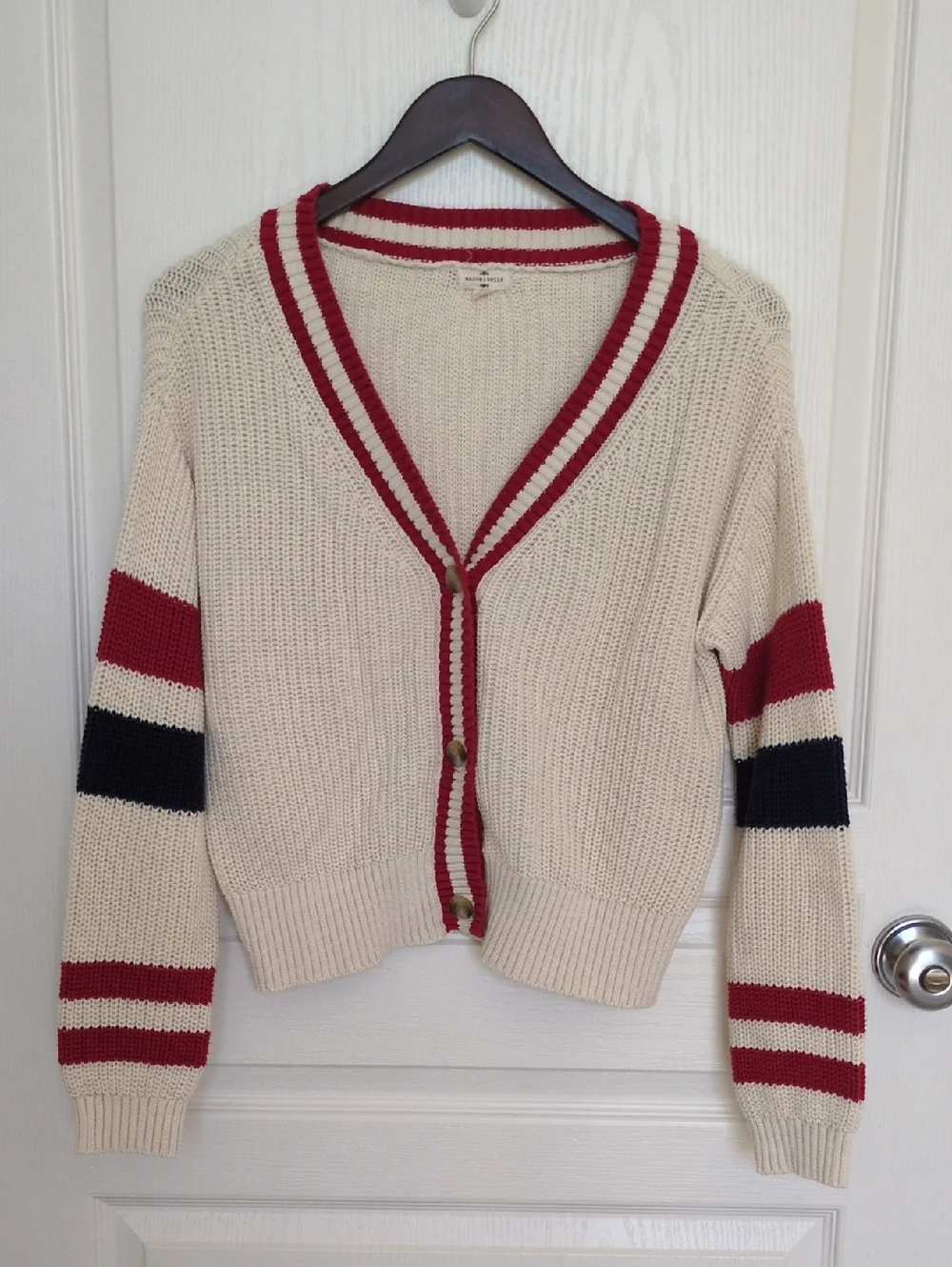Mason & Belle Cream 100% Cotton Cardigan Sweater - Red & Navy Stripe Trim